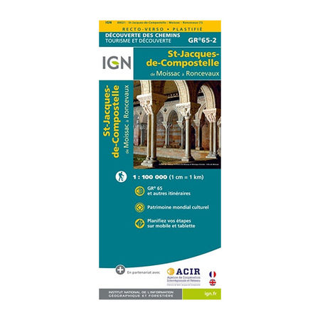 Carte plastifiée IGN - St-Jacques-de-Compostelle - Moissac à Roncevaux